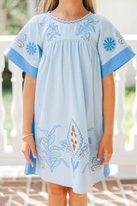 Girls: Twirl Me Pretty Blue Embroidered Mini Dress
