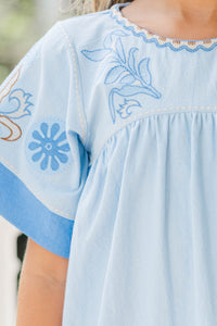 Girls: Twirl Me Pretty Blue Embroidered Mini Dress