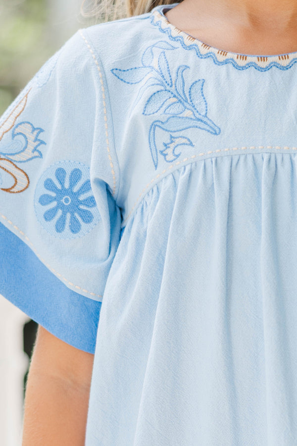 Girls: Twirl Me Pretty Blue Embroidered Mini Dress