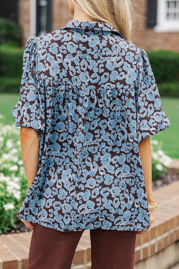 Follow Along Blue Leopard Blouse