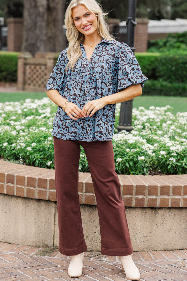 Follow Along Blue Leopard Blouse