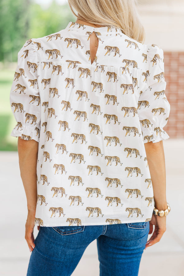 Can't Give You Up White Tiger Print Blouse