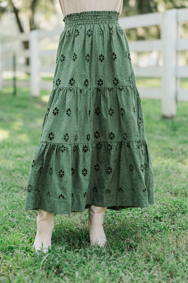Soft Steps Olive Eyelet Maxi Skirt