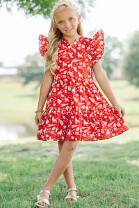 Girls: At This Time Red Husky Print Dress