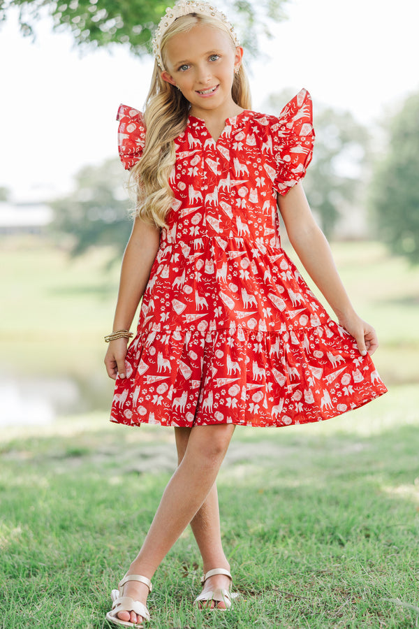 Girls: At This Time Red Husky Print Dress