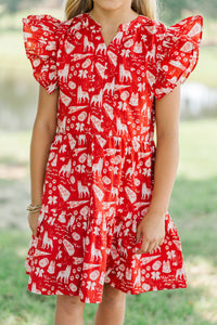 Girls: At This Time Red Husky Print Dress