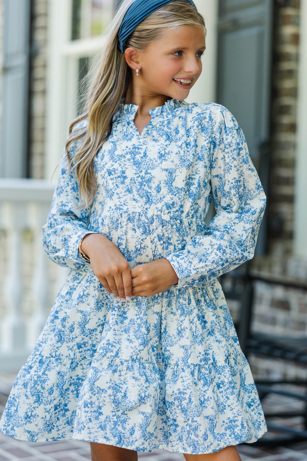 toile mini dress Girls: In Your Dreams Blue L/S pretty OLIVIA|Plus Size Empire and flowy mini skirt. flower lace Size:US4-UK6-EUR34