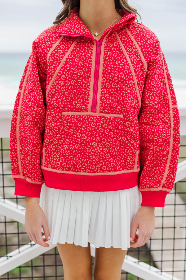 Girls: Always Direct Red Leopard Print Quilted Pullover