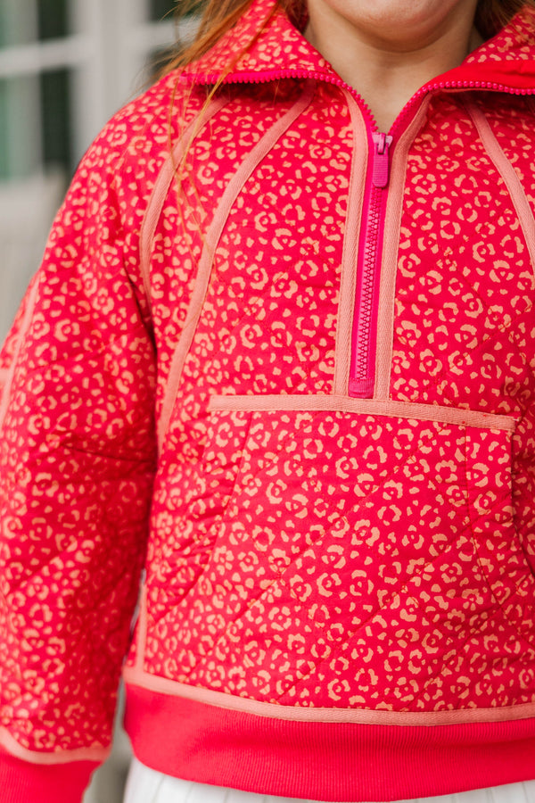 Girls: Always Direct Red Leopard Print Quilted Pullover