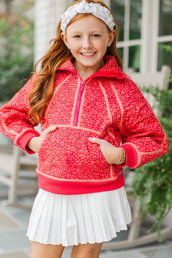 Girls: Always Direct Red Leopard Print Quilted Pullover