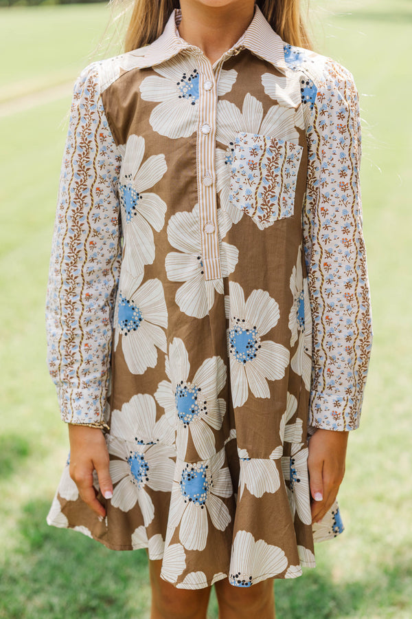 Girls: Share Your Story Brown Mixed Print Shirt Dress