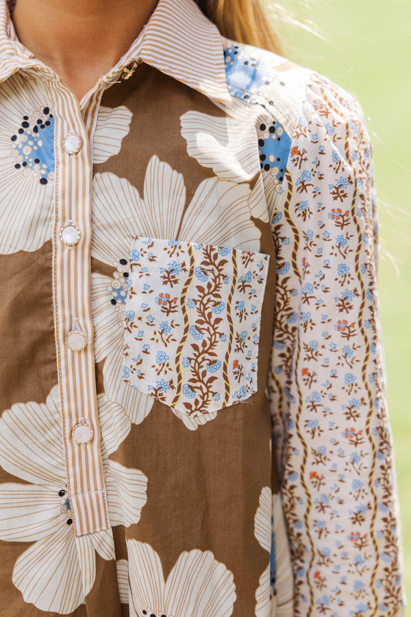 Girls: Share Your Story Brown Mixed Print Shirt Dress