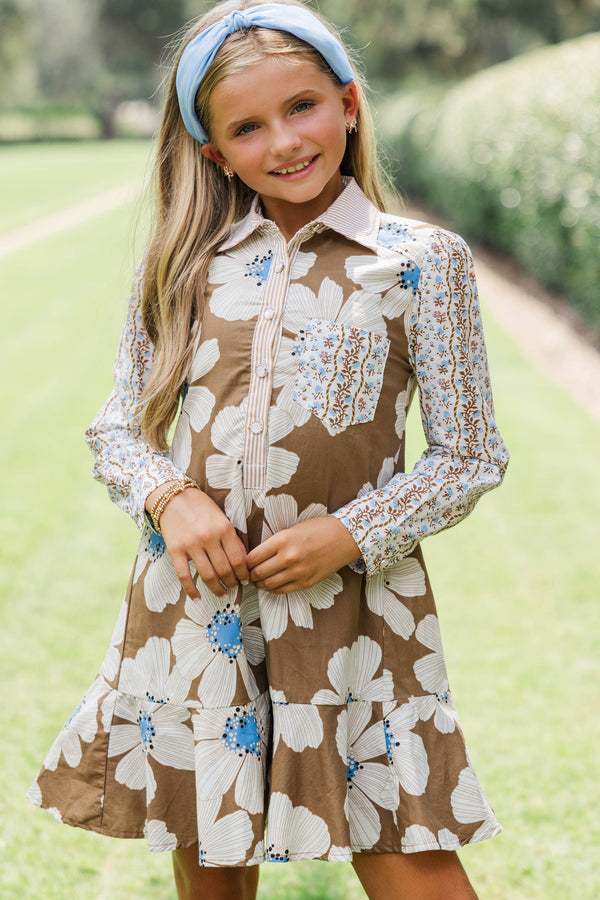 Girls: Share Your Story Brown Mixed Print Shirt Dress