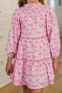 Girls: The Mariana Pink Bow Print Babydoll Dress