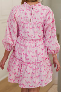 Girls: The Mariana Pink Bow Print Babydoll Dress