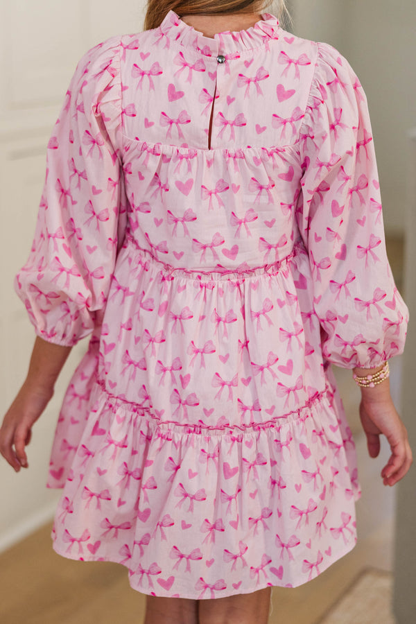 Girls: The Mariana Pink Bow Print Babydoll Dress