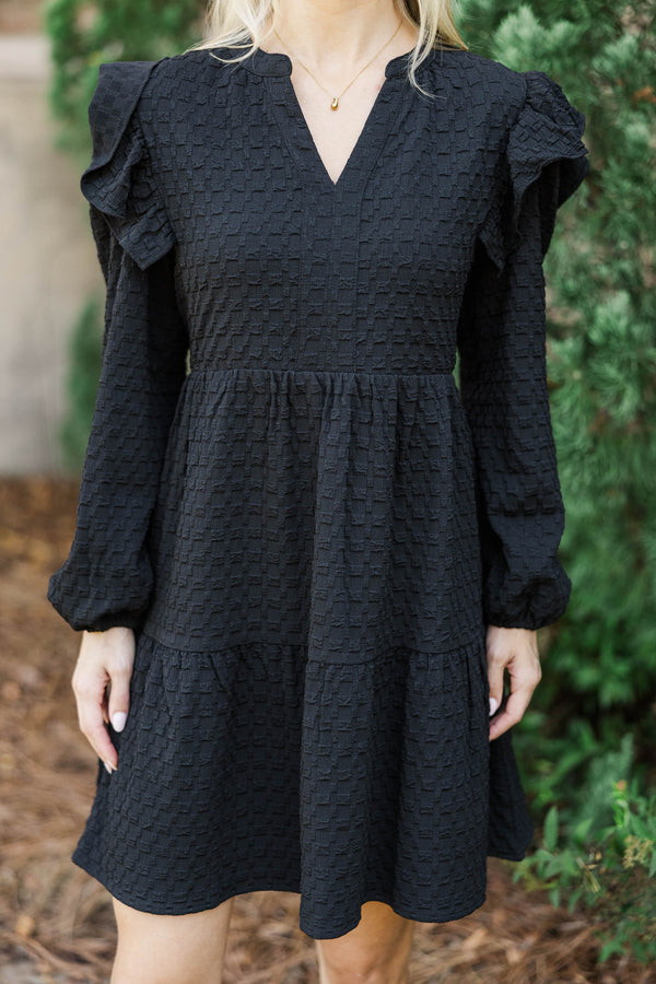 At This Time Black Textured L/S Babydoll Dress