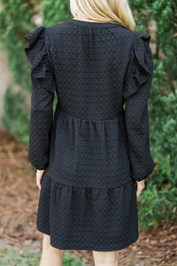 At This Time Black Textured L/S Babydoll Dress