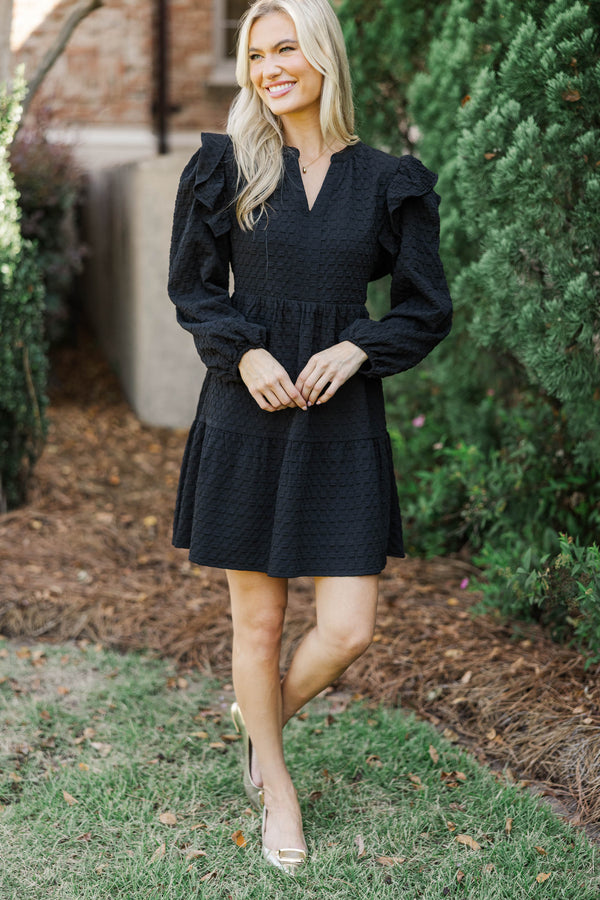 At This Time Black Textured L/S Babydoll Dress