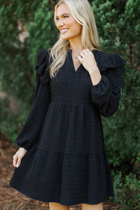 At This Time Black Textured L/S Babydoll Dress