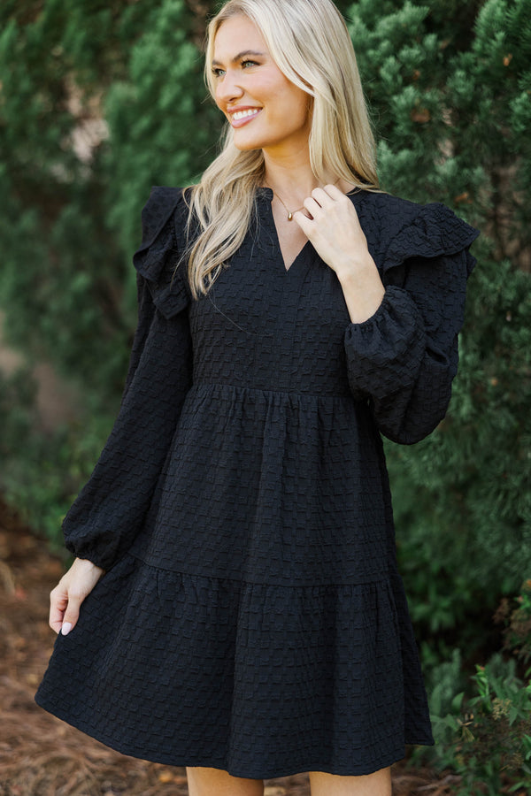 At This Time Black Textured L/S Babydoll Dress