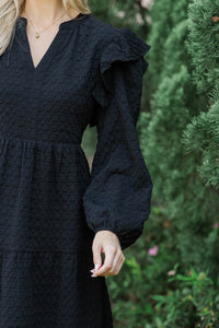 At This Time Black Textured L/S Babydoll Dress