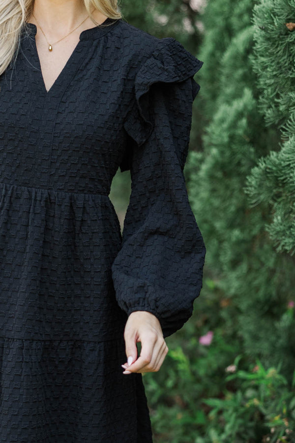 At This Time Black Textured L/S Babydoll Dress