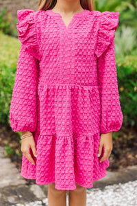 Girls: At This Time Fuchsia Textured L/S Babydoll Dress