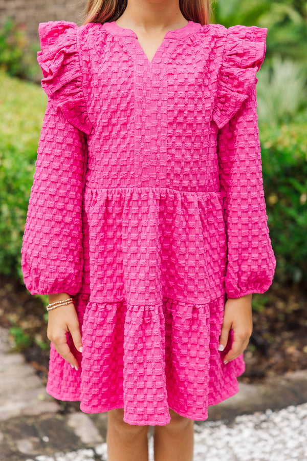 Girls: At This Time Fuchsia Textured L/S Babydoll Dress
