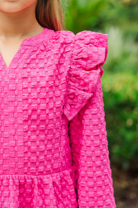 Girls: At This Time Fuchsia Textured L/S Babydoll Dress