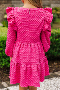 Girls: At This Time Fuchsia Textured L/S Babydoll Dress
