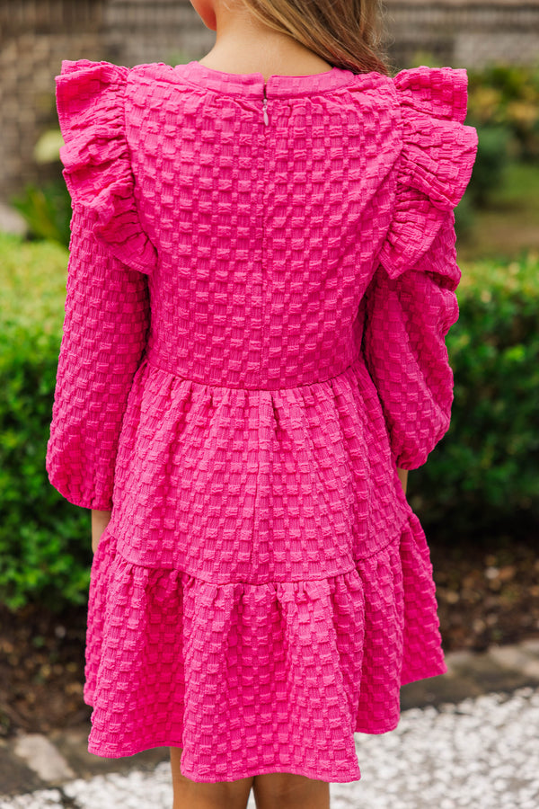 Girls: At This Time Fuchsia Textured L/S Babydoll Dress