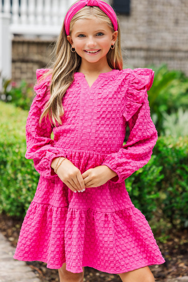 Girls: At This Time Fuchsia Textured L/S Babydoll Dress