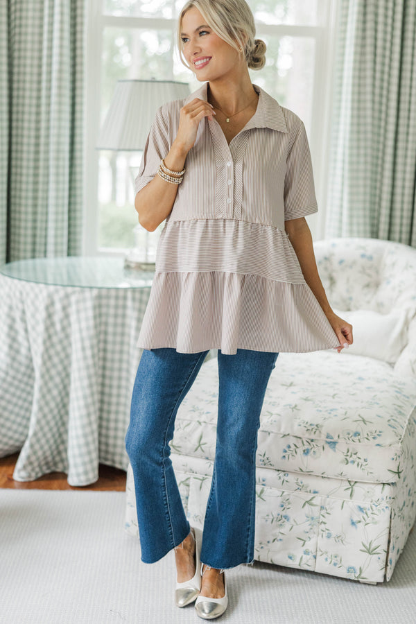 NURSING COLLECTION: All You Need To Hear Brown Striped Babydoll Top