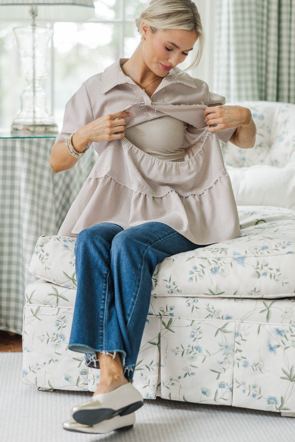 NURSING COLLECTION: All You Need To Hear Brown Striped Babydoll Top