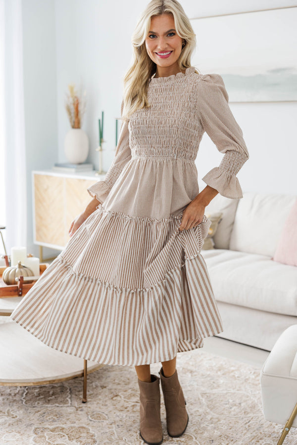 brown stripe midi dress Emma Short Sleeve Striped Midi Dress - Brown/combo