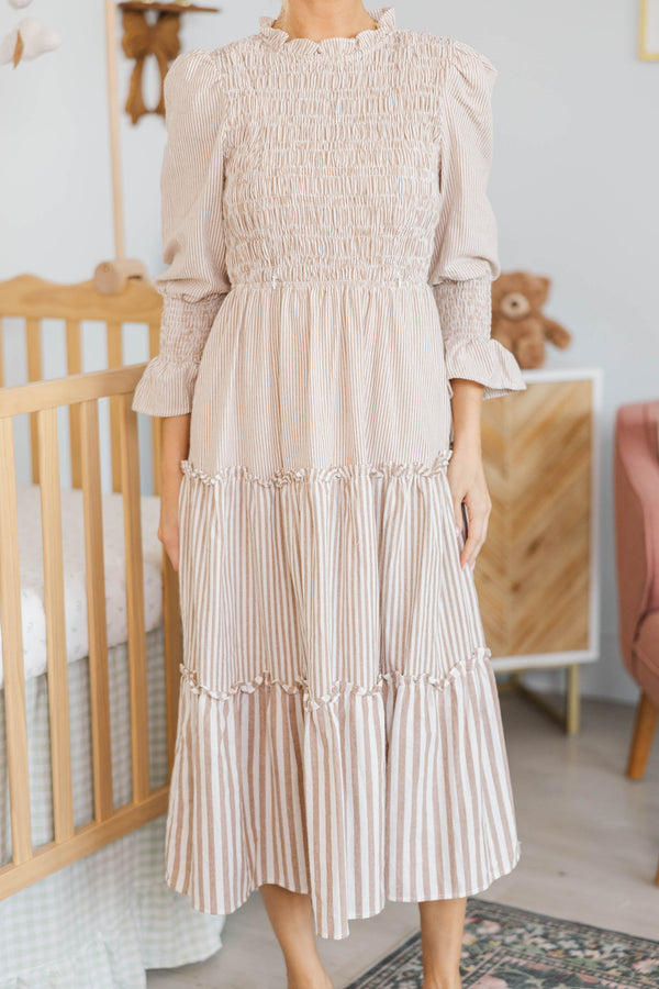 NURSING COLLECTION: Back To You Brown Striped Midi Dress