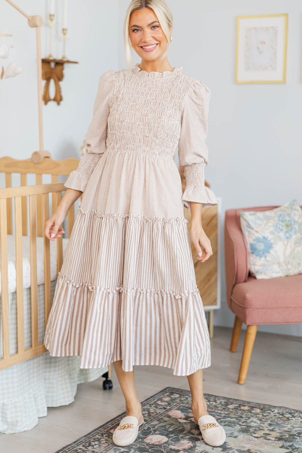 NURSING COLLECTION: Back To You Brown Striped Midi Dress