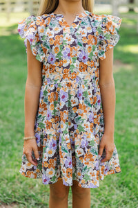 Girls: At This Time Brown & Lavender Floral Dress