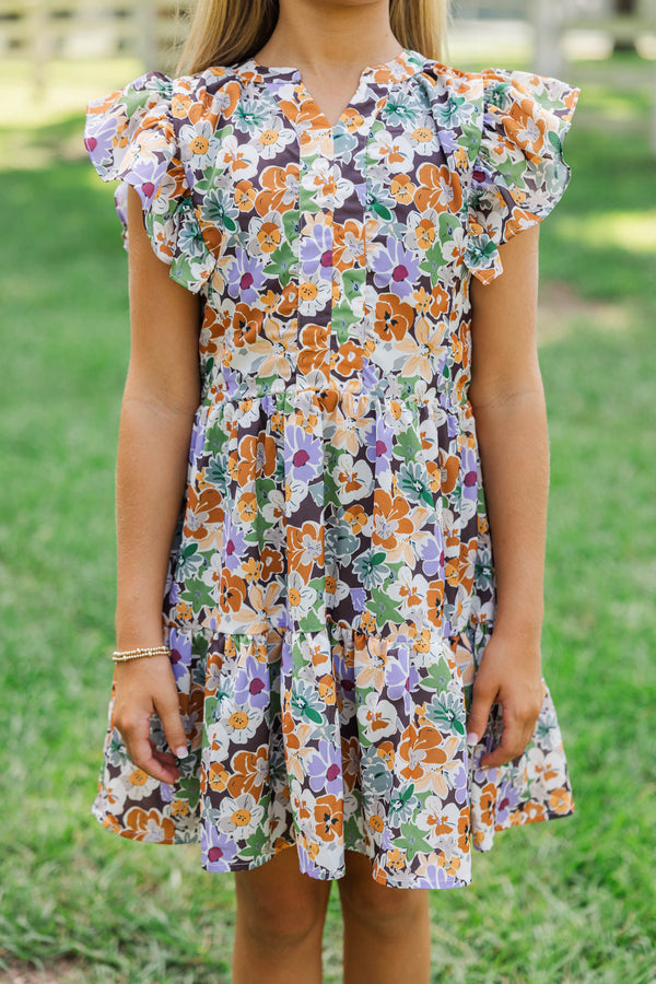 Girls: At This Time Brown & Lavender Floral Dress