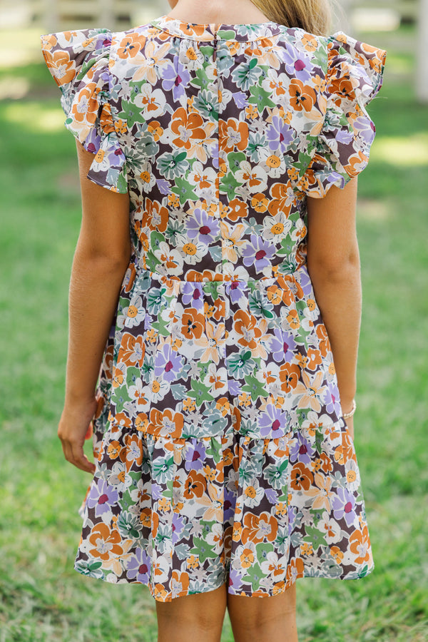Girls: At This Time Brown & Lavender Floral Dress