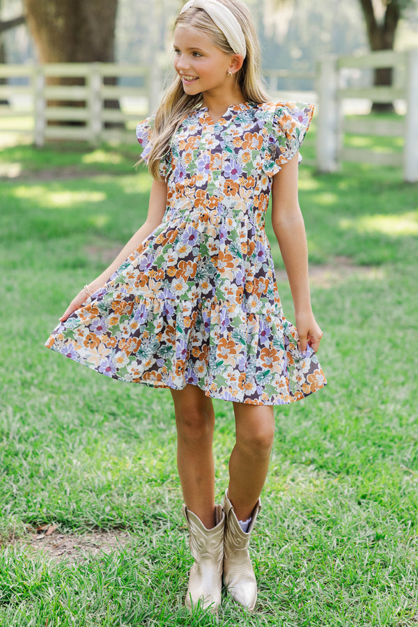 Girls: At This Time Brown & Lavender Floral Dress