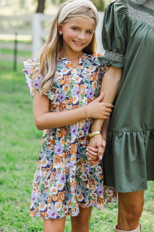 Girls: At This Time Brown & Lavender Floral Dress