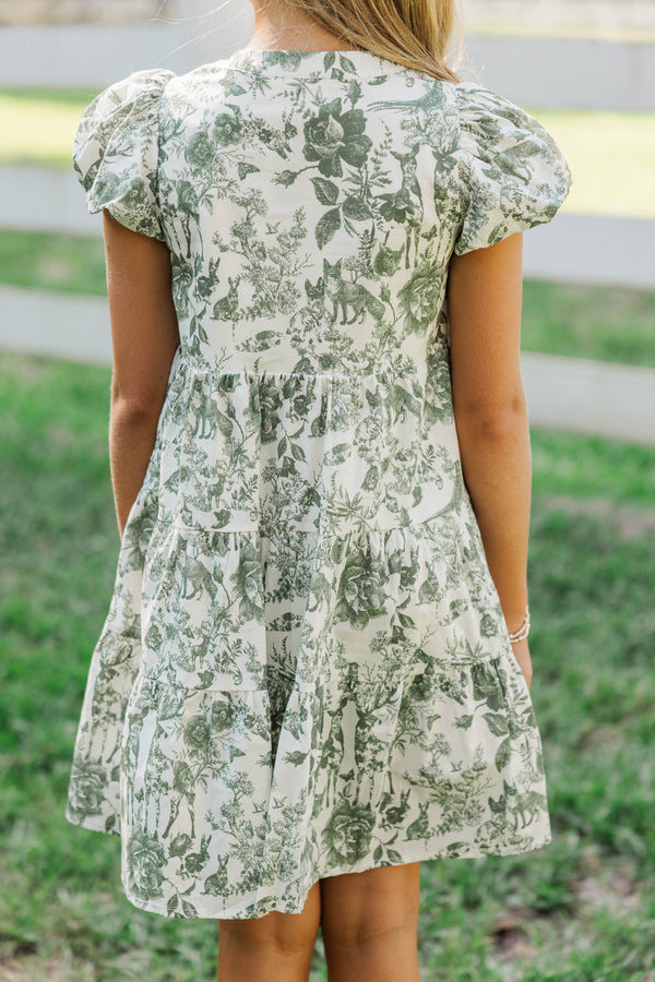 Girls: Perfect For You Olive Green Toile Dress