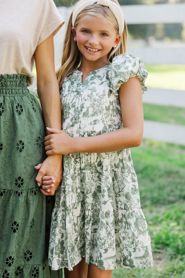 Girls: Perfect For You Olive Green Toile Dress