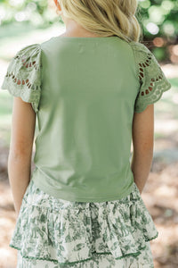 Girls: The Luna Olive Green Eyelet Top