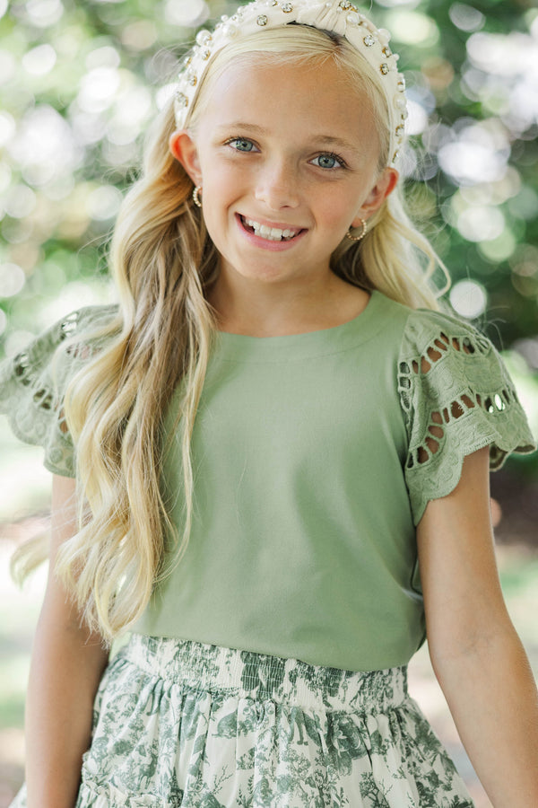 Girls: The Luna Olive Green Eyelet Top