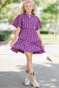 Girls: The Stephanie Plum Purple Bow Print Babydoll Dress