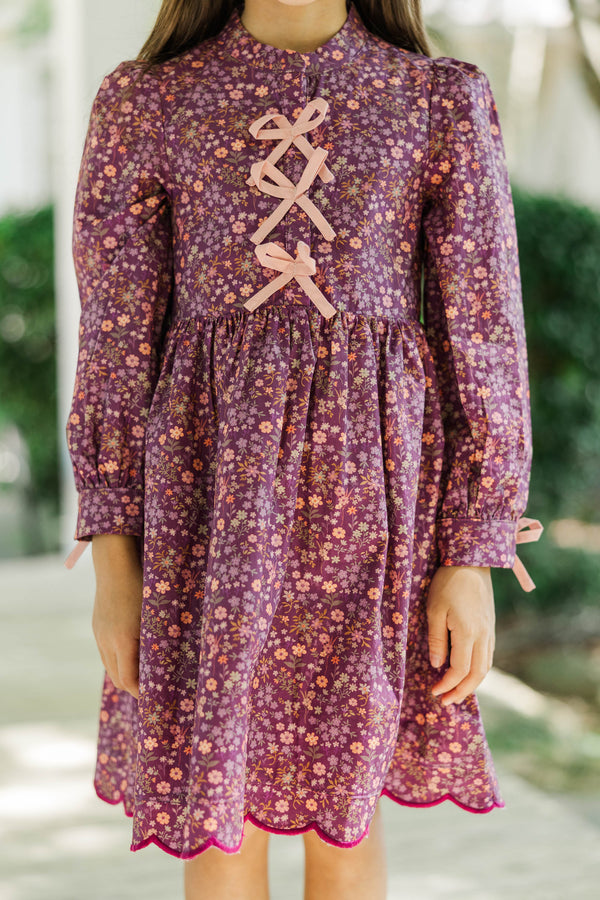 Girls: Just Like Me Plum Ditsy Floral Scalloped Dress