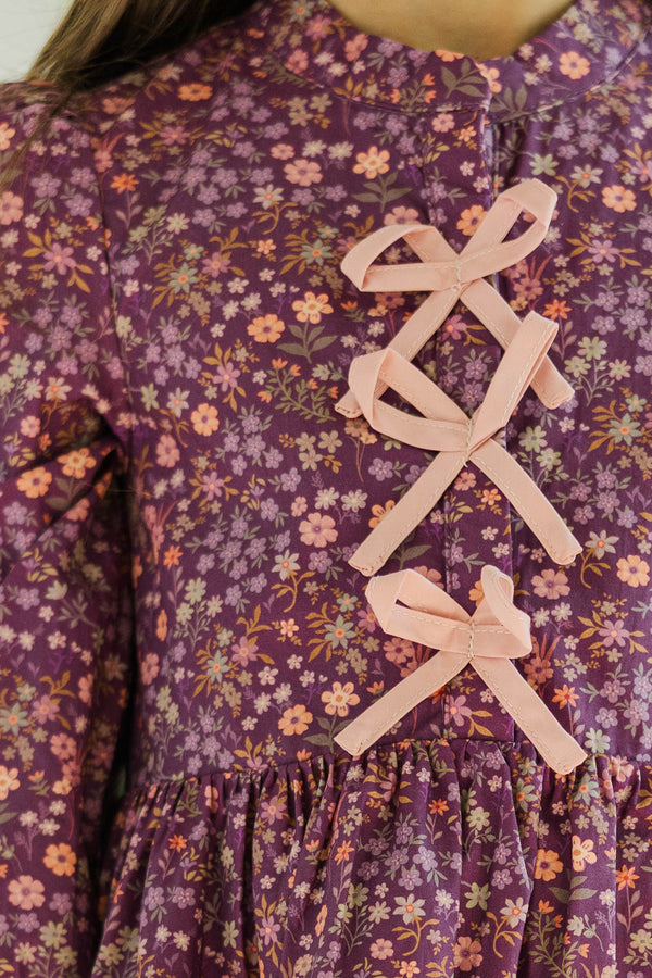 Girls: Just Like Me Plum Ditsy Floral Scalloped Dress